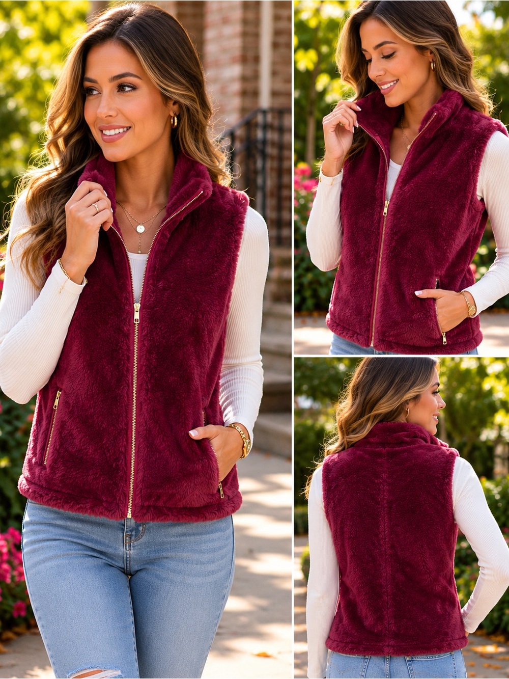 Burgundy Faux Fur Zip Vest XXL